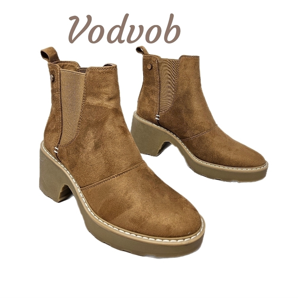 Vodvob Ankle Boots Womens Sz 7 Carmel Faux Suede Chelsea Pull On Chunky Heel